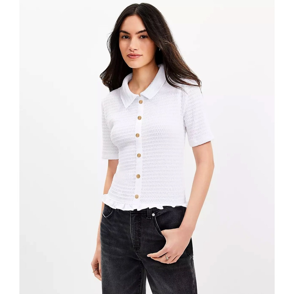 Loft White Smocked Short Sleeve Button Front Polo Cardigan Ruffle Hem Top S SP25